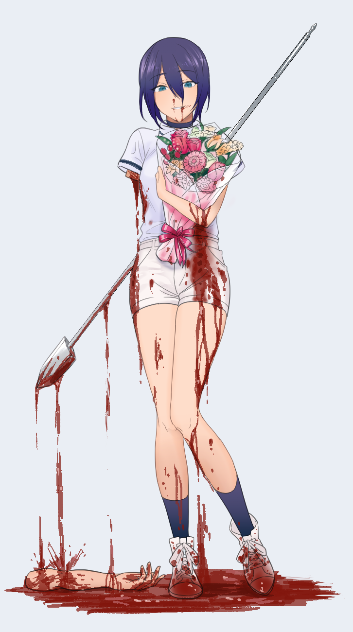 1girl amputee blood chainsaw_man flower green_eyes highres looking_at_viewer polearm reze_(chainsaw_man) short_sleeves shorts simple_background solo spear toujou_(toujou_ramen) weapon
