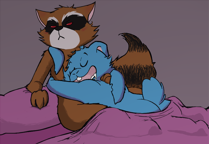 2015 :&lt; :d angry angry_eyes angry_face anthro bed bed_covers bedding bedroom bibobabube black_body black_fur black_nose black_tail blackjack_o'hare blue_body blue_fur blue_nose blue_tail bodily_fluids brown_body brown_fur brown_tail buckteeth butt drooling duo eyes_closed fluffy fluffy_tail frown fur furniture guardians_of_the_galaxy hand_on_back happy hug inside lagomorph leporid long_ears looking_away lying male male/male mammal marvel multicolored_body multicolored_fur multicolored_tail narrowed_eyes notched_ear on_bed on_front open_mouth pillow procyonid rabbit raccoon rocket_raccoon saliva scut_tail short_tail sitting sitting_on_bed smile squint teeth white_body white_fur