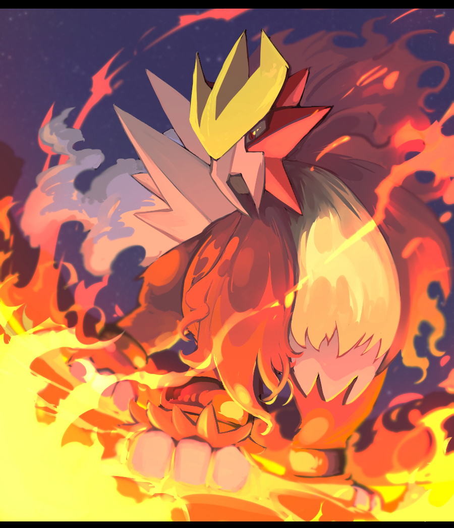 commentary_request entei fire from_below gen_2_pokemon legendary_pokemon looking_down night no_humans outdoors paws pokemon pokemon_(creature) red_eyes sky solo standing toes yottur