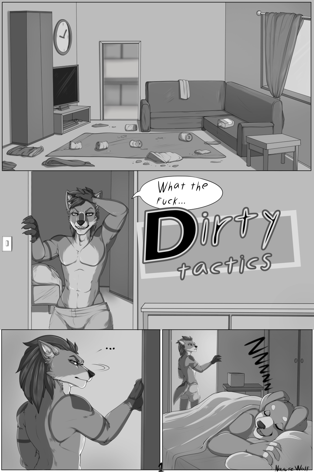 angry annoyed annoyed_expression anthro bedroom canid canine canis comic comic_page domestic_dog drunk duo hangover hi_res hybrid living_room male male/male mammal messy narusewolf nova_(disambiguation) pillow sleeping substance_intoxication vass