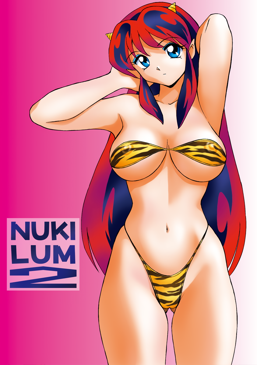 arms_up ass_visible_through_thighs bangs bikini blue_eyes breasts covered_nipples cowboy_shot expressionless eyeshadow gradient gradient_background highres large_breasts long_hair looking_at_viewer lum makeup navel okamoto_fujio photoshop_(medium) pink_background pointy_ears red_hair strapless strapless_bikini swimsuit urusei_yatsura