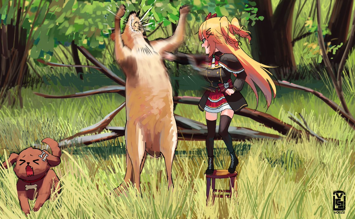 accessory akai_haato ambiguous_gender animal_humanoid australia blonde_hair bone bottomwear breasts brown_body brown_fur brown_hair canid canid_humanoid canine canine_humanoid canis chair clothed clothing collar digital_media_(artwork) dog_humanoid domestic_dog female feral feralized fight forest fur furniture gothic_lolita group hair hair_accessory hololive human humanoid kangaroo korone_inugami legwear lolita_(fashion) long_hair macropod mammal mammal_humanoid marsupial open_mouth outside parody plant punch ribbons running skirt standing stool thigh_highs tree twintails_(hairstyle) virtual_youtuber voccu