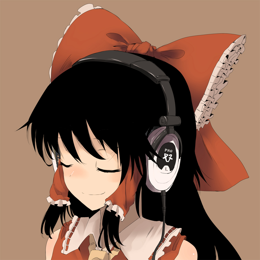 ascot black_hair closed_eyes contemporary hair_tubes hakurei_reimu headphones mieharu smile touhou