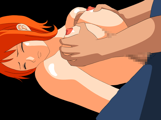 animated animated_gif breast_grab breasts censored eyes_closed grabbing lying nami nami_(one_piece) nipples nude one_piece orange_hair paizuri penis short_hair simple_background