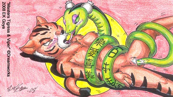 2008 anthro anthro_on_feral bestiality blush chinese_text coiling ek_goya fangs female feral forked_tongue french_kissing interspecies kissing kung_fu_panda lesbian long_tongue master_tigress master_viper penetration pussy reptile scalie snake text tongue tongue_out vaginal vaginal_penetration