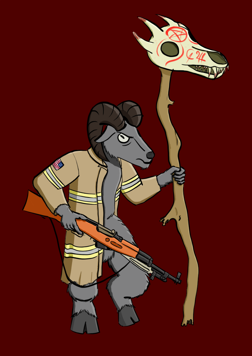 anthro bottomless bottomless_male bovid caprine clothed clothing goat gun horn male mammal ranged_weapon rifle solo staff turnout_gear weapon zackerydrawstoo