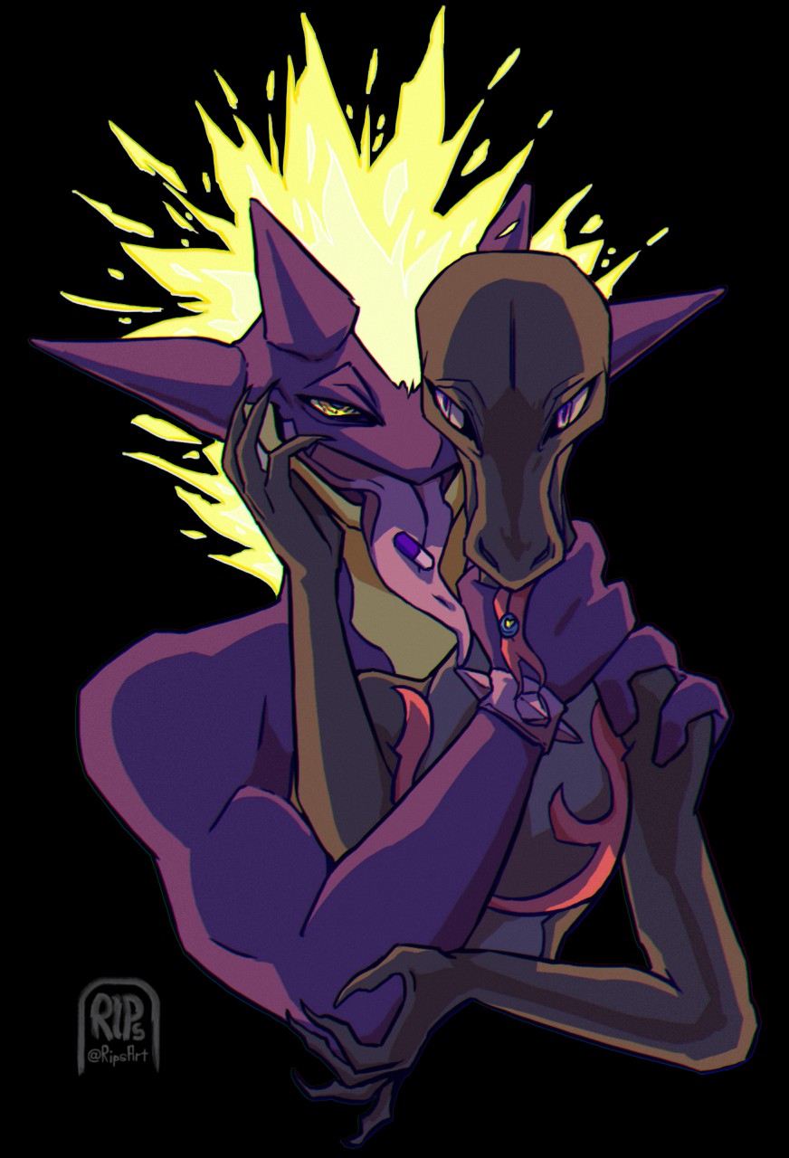 ambiguous/ambiguous ambiguous_gender amped_toxtricity anthro anthro_on_anthro black_background black_body claws drugs duo finger_claws hi_res interspecies looking_at_viewer multicolored_body neck_grab nintendo pok&eacute;mon pok&eacute;mon_(species) pupils purple_body purple_eyes rips_(artist) salazzle simple_background slit_pupils tongue tongue_out toxtricity video_games yellow_body yellow_eyes