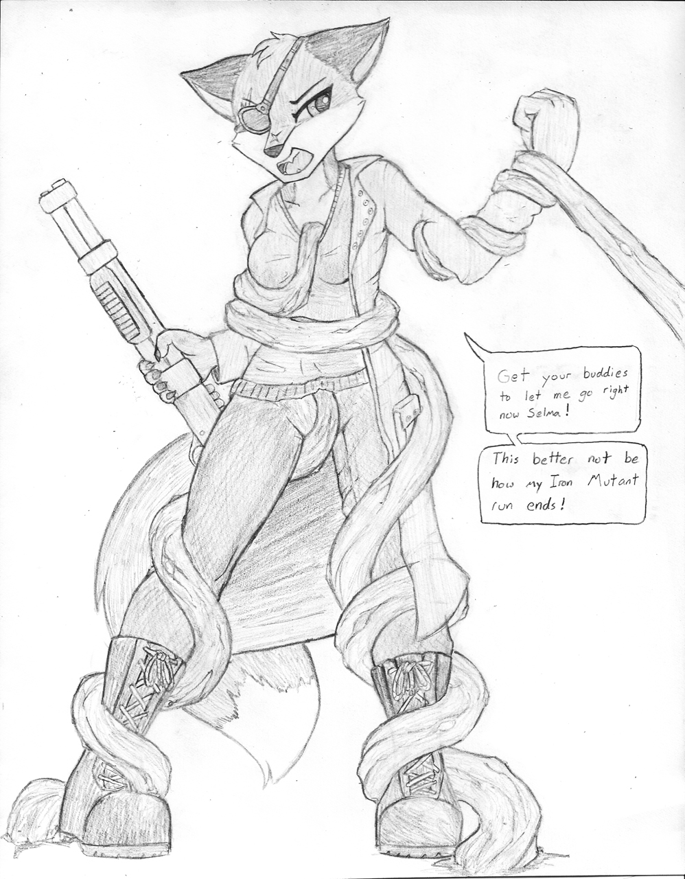 angry anthro black_and_white boots canid canine clothing combat_boots duster_coat ears_down english_text eye_patch eyewear facial_scar farrow_(mutant:_year_zero) female footwear fox fur groping_breasts groping_crotch gun hi_res holding_object holding_weapon imminent_rape imminent_sex imminent_tentacle_rape imminent_tentacle_sex jacket mammal monochrome mutant:_year_zero mutant_(franchise) pivoted_ears ranged_weapon red_fox remarkably_average scar shotgun solo speech_bubble tentacles text topwear weapon