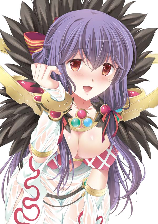 1girl :d bangle bangs blush bow bracelet breasts cleavage comiket_87 commentary_request covered_nipples cowboy_shot detached_sleeves dress eyebrows_visible_through_hair fur_collar hair_between_eyes hair_bow jewelry large_breasts leaning_forward long_hair looking_at_viewer maru_(sasayama_chikage) open_mouth purple_hair ragnarok_online red_bow red_eyes simple_background smile solo sorcerer_(ragnarok_online) textless wet wet_clothes wet_dress white_background white_dress white_sleeves