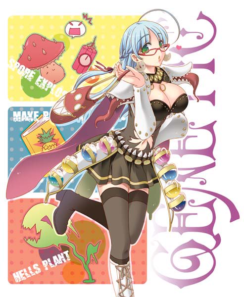 1girl ahoge armor bag bangs blue_hair boots breasts brown_dress brown_legwear cleavage commentary_request creature cross-laced_footwear dress dynamite eyebrows_visible_through_hair food foot_out_of_frame fruit genetic_(ragnarok_online) glasses green_eyes hand_up large_breasts living_clothes long_hair looking_at_viewer maru_(sasayama_chikage) mushroom open_mouth pauldrons pineapple potion ragnarok_online red-framed_eyewear shoulder_armor spore_(ragnarok_online) teeth thighhighs tongue vambraces white_footwear