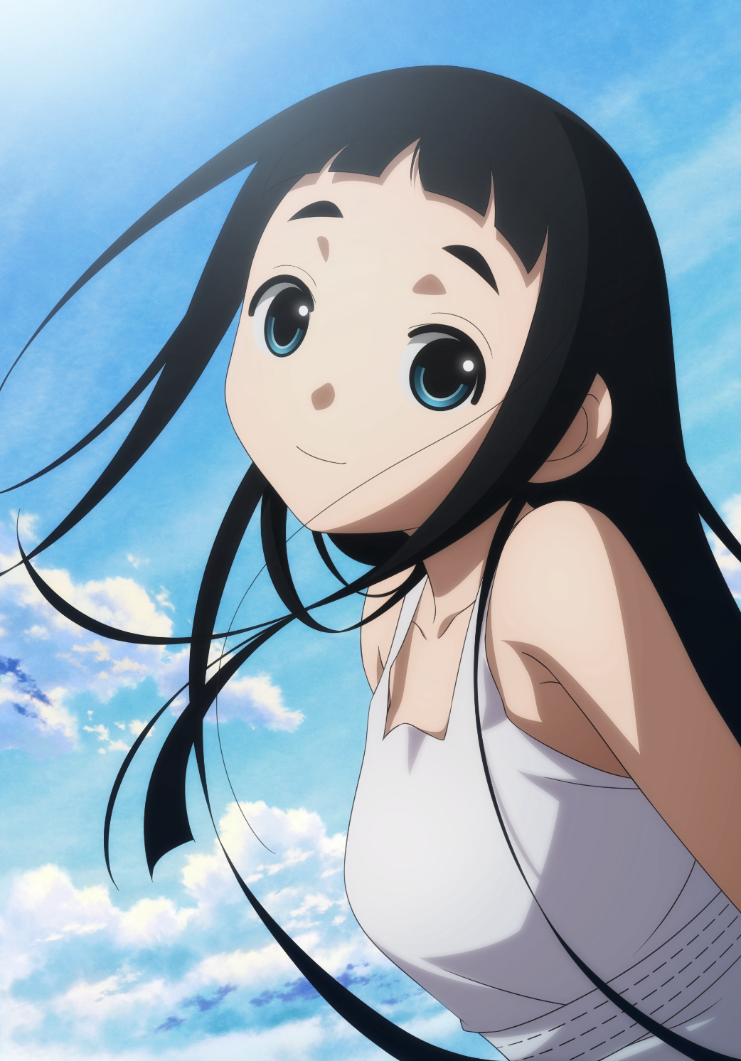 1girl armpit_crease arms_at_sides backlighting bangs bare_arms black_hair blue_eyes blue_sky blunt_bangs breasts close-up closed_mouth cloud cloudy_sky collarbone day dress floating_hair goto_hime happy head_tilt highres hime_cut kakushigoto leaning_forward long_hair looking_at_viewer outdoors sidelocks sky sleeveless sleeveless_dress small_breasts smile solo straight_hair sunlight tareme upper_body white_dress yamamoto_shuuhei