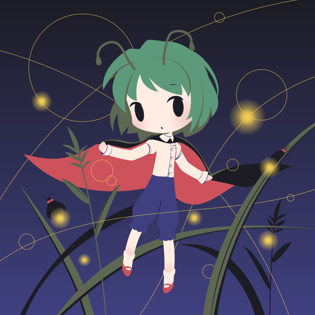 1girl antennae bangs black_cape blue_pants bug cape chibi closed_mouth cobalta commentary_request dark_background eyebrows_visible_through_hair full_body grass green_hair herb light_particles long_sleeves looking_at_viewer pants red_footwear shirt short_hair simple_background socks solid_oval_eyes solo touhou white_legwear white_shirt wriggle_day wriggle_nightbug