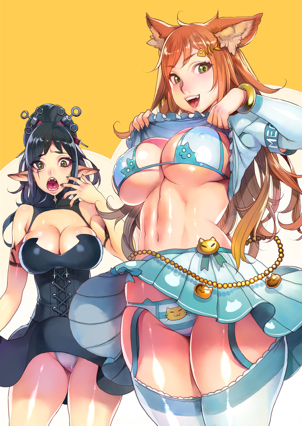 2girls :d :o abs animal_ear_fluff animal_ears animal_print aqua_bra aqua_panties aqua_skirt armband armlet bangs bare_shoulders bead_belt black_dress black_hair black_nails blonde_hair blush bow_skirt bra bracelet breasts cat_ears cat_print cleavage clothes_lift commission corset curvy dress eyebrows_visible_through_hair f.s. fangs fingernails fish_hair_ornament fish_skeleton flashing garter_straps hair_ornament hand_on_own_cheek hand_on_own_face high_ponytail highres jewelry lifted_by_self long_hair looking_at_viewer monster_girl multicolored_hair multiple_girls muscular muscular_female nail_polish navel open_mouth orange_hair original panties pointy_ears shiny shiny_hair shiny_skin shirt_lift sidelocks simple_background skeb_commission skirt smile stomach striped striped_legwear striped_panties surprised syringe_hair_ornament thick_thighs thighhighs thighs toned two-tone_background two-tone_hair underboob underwear upskirt white_panties