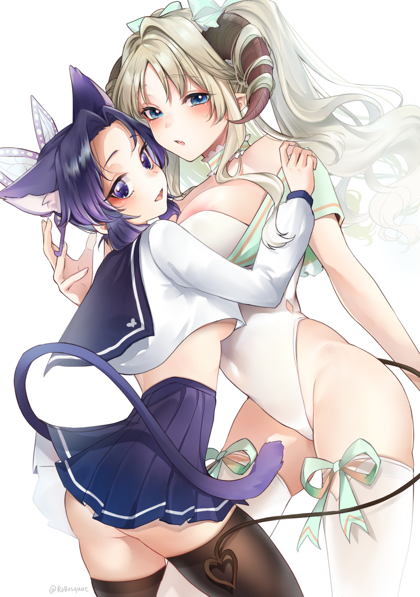 2girls animal_ears areolae ass bangs blonde_hair blue_eyes blush breasts butterfly_hair_ornament cat_ears cleavage crop_top crossover darling_in_the_franxx eyebrows_visible_through_hair hair_ornament hand_on_another's_shoulder hayami_saori highres horns kimetsu_no_yaiba kochou_shinobu kokoro_(darling_in_the_franxx) kyarotto_(zenkixd) large_breasts long_hair long_sleeves looking_at_viewer multiple_girls neck_ribbon one-piece_thong open_mouth purple_eyes purple_hair ribbon school_uniform seiyuu_connection serafuku short_hair short_sleeves skirt smile tail thighhighs underboob white_background wind wind_lift
