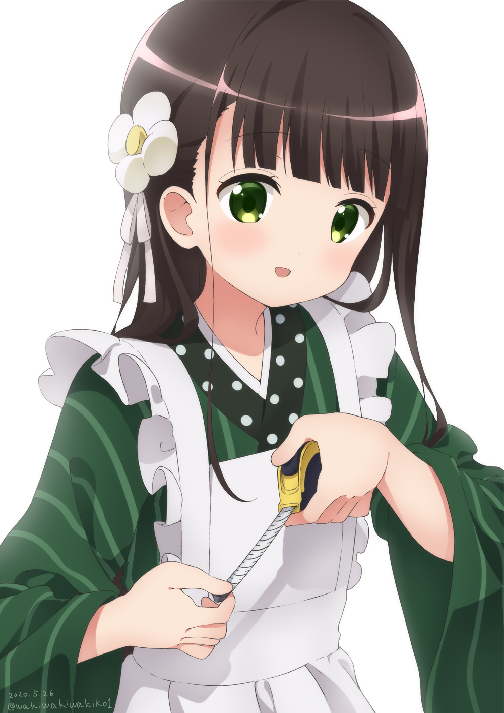 1girl ama_usa_an_uniform apron bangs blunt_bangs brown_hair flower gochuumon_wa_usagi_desu_ka? green_eyes green_kimono hair_flower hair_ornament highres hime_cut japanese_clothes kimono long_hair neki_(wakiko) open_mouth polka_dot_trim simple_background solo striped striped_kimono tape_measure ujimatsu_chiya white_background