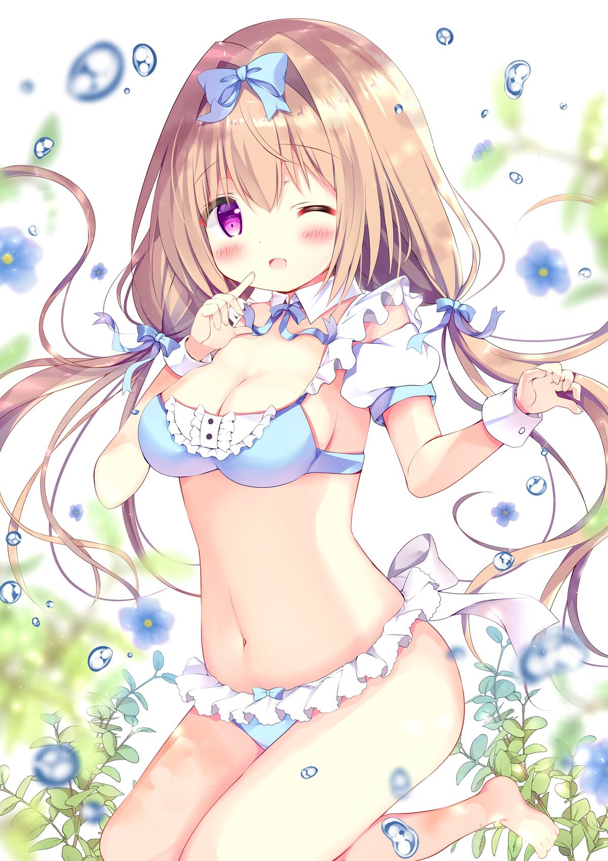 1girl ;d azumi_kazuki bangs bikini blue_bikini blue_bow blue_flower blurry blurry_background blush bow breasts brown_hair cleavage commentary depth_of_field detached_sleeves eyebrows_visible_through_hair flower frilled_bikini frills hair_between_eyes hair_bow hand_up highres long_hair looking_at_viewer low_twintails medium_breasts one_eye_closed open_mouth original puffy_short_sleeves puffy_sleeves purple_eyes short_sleeves smile solo swimsuit symbol_commentary twintails very_long_hair water_drop white_background white_sleeves wrist_cuffs