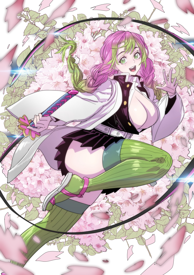 1girl braid breasts butcherboy center_opening cleavage flower green_eyes green_hair green_legwear holding holding_sword holding_weapon japanese_clothes kanroji_mitsuri kimetsu_no_yaiba kimono large_breasts long_sleeves looking_at_viewer military military_uniform multicolored_hair open_clothes open_mouth petals pink_hair skirt smile solo sword thighhighs twin_braids two-tone_hair unbuttoned uniform weapon zettai_ryouiki