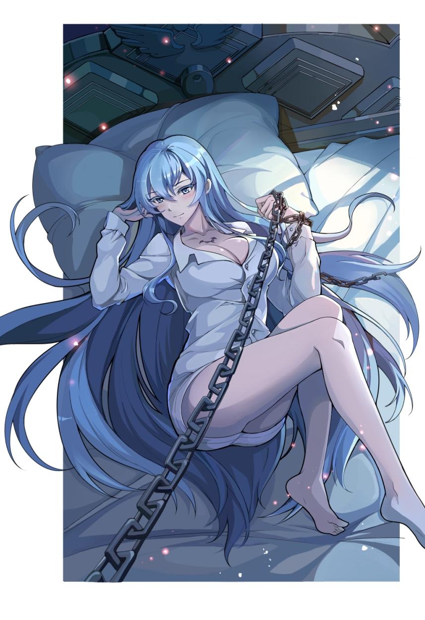 1girl akame_ga_kill! bangs barefoot bed_sheet blue_eyes blue_hair blush border breasts chain cleavage closed_mouth collarbone dress_shirt esdeath from_above full_body hair_between_eyes highres holding holding_chain k12io large_breasts legs long_hair long_sleeves looking_at_viewer lying naked_shirt on_back outside_border pillow shiny shiny_hair shirt smile soles solo very_long_hair white_border white_shirt