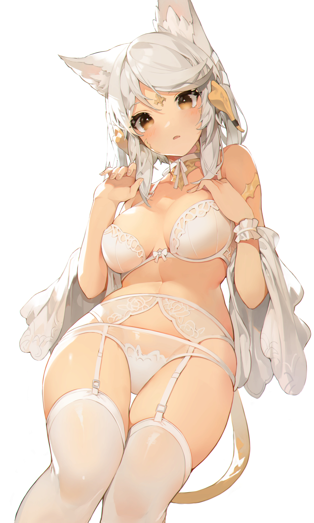1girl akizone animal_ears au_ra bangs bare_shoulders bra breasts cheeze_(akizone) choker dragon_horns dragon_tail feet_out_of_frame final_fantasy final_fantasy_xiv garter_belt grey_hair hair_ribbon highres horns large_breasts long_hair looking_at_viewer navel off_shoulder open_mouth panties ribbon scales simple_background skindentation solo tail thighhighs tress_ribbon underwear white_background white_bra white_choker white_legwear white_panties white_ribbon wrist_cuffs