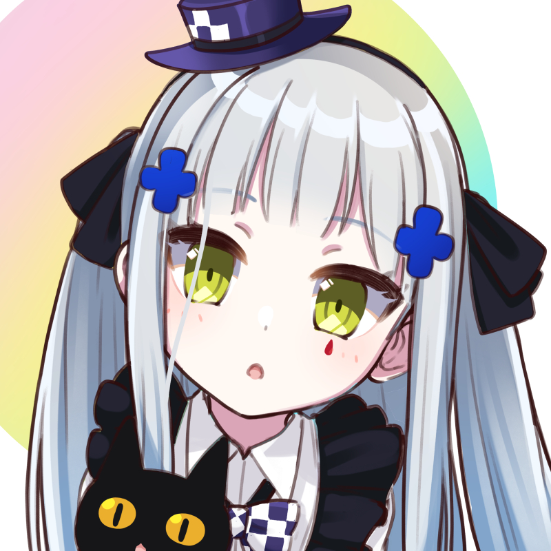 black_cat bow bowtie cat checkered checkered_neckwear chestnut_mouth facial_mark frills girls_frontline green_eyes hair_ornament hair_ribbon hat head_tilt hk416_(girls_frontline) long_hair looking_at_viewer mini_hat official_alternate_costume open_mouth ribbon silver_hair upper_body yellow_eyes younger yuki_shiro