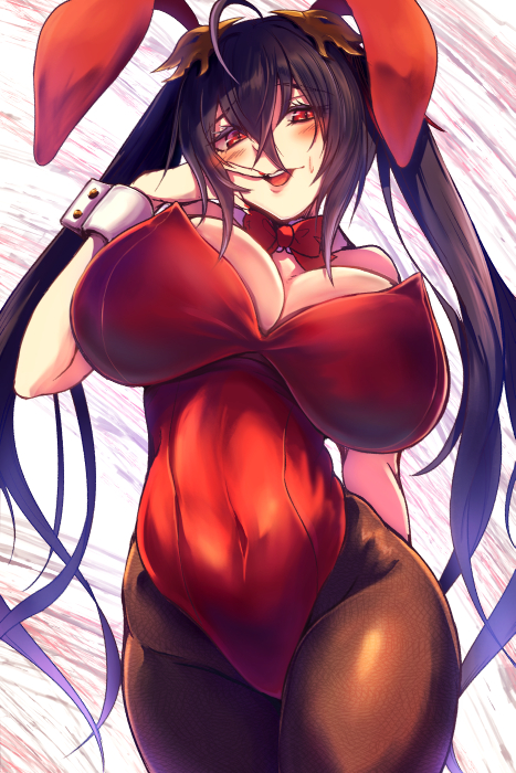 1girl ahoge animal_ears azur_lane bangs black_hair black_legwear blush bow bowtie breasts bunny_ears covered_navel cowboy_shot eyebrows_visible_through_hair finger_to_mouth hair_between_eyes huge_breasts leotard open_mouth pantyhose playboy_bunny red_eyes red_leotard red_neckwear ryo_(sora-ryu) solo taihou_(azur_lane) tongue tongue_out twintails wrist_cuffs