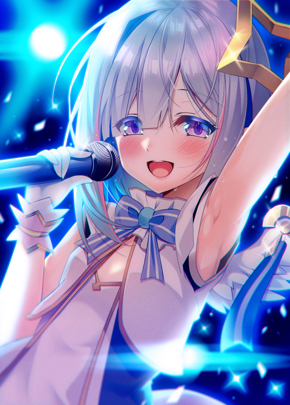 1girl :d amane_kanata angel angel_wings arm_up armpits asymmetrical_hair backlighting blue_hair blue_neckwear blush bob_cut bow bowtie colored_inner_hair confetti diffraction_spikes feathered_wings gloves hair_over_one_eye half-closed_eyes halo highres holding holding_microphone hololive hololive_idol_uniform idol looking_at_viewer microphone mini_wings mizuno_kurage multicolored_hair official_alternate_costume open_mouth pink_hair purple_eyes short_hair silver_hair single_hair_intake sleeveless smile solo stage star_halo streaked_hair sweat upper_body upper_teeth vest virtual_youtuber white_gloves white_vest white_wings wing_ribbon wings wrist_cuffs