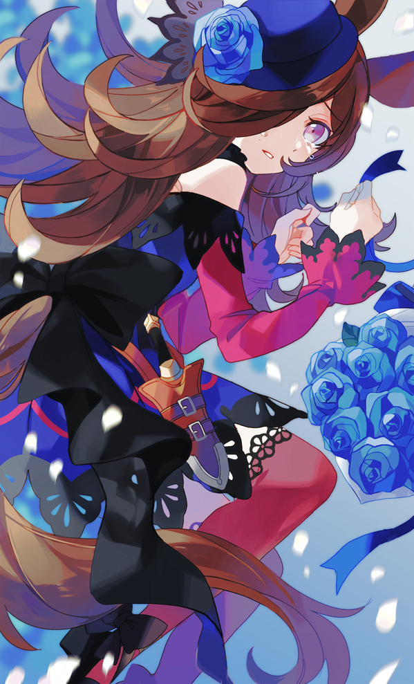 1girl animal_ears bangs black_bow blue_dress blue_flower blue_headwear blue_rose blurry blurry_background bouquet bow brown_hair chachi_(azuzu) clenched_hands crying crying_with_eyes_open dagger dress eyebrows_visible_through_hair eyes_visible_through_hair flower flying from_side fur_collar hair_over_one_eye hands_up hat hat_flower horse_ears horse_tail knife light long_hair long_sleeves looking_at_viewer lying off-shoulder_dress off_shoulder on_side parted_lips petals purple_eyes red_legwear red_sleeves ribbon ribbon-trimmed_legwear ribbon_trim rice_shower_(umamusume) rose scabbard shadow sheath solo tail tears teeth thighhighs tilted_headwear umamusume weapon white_background