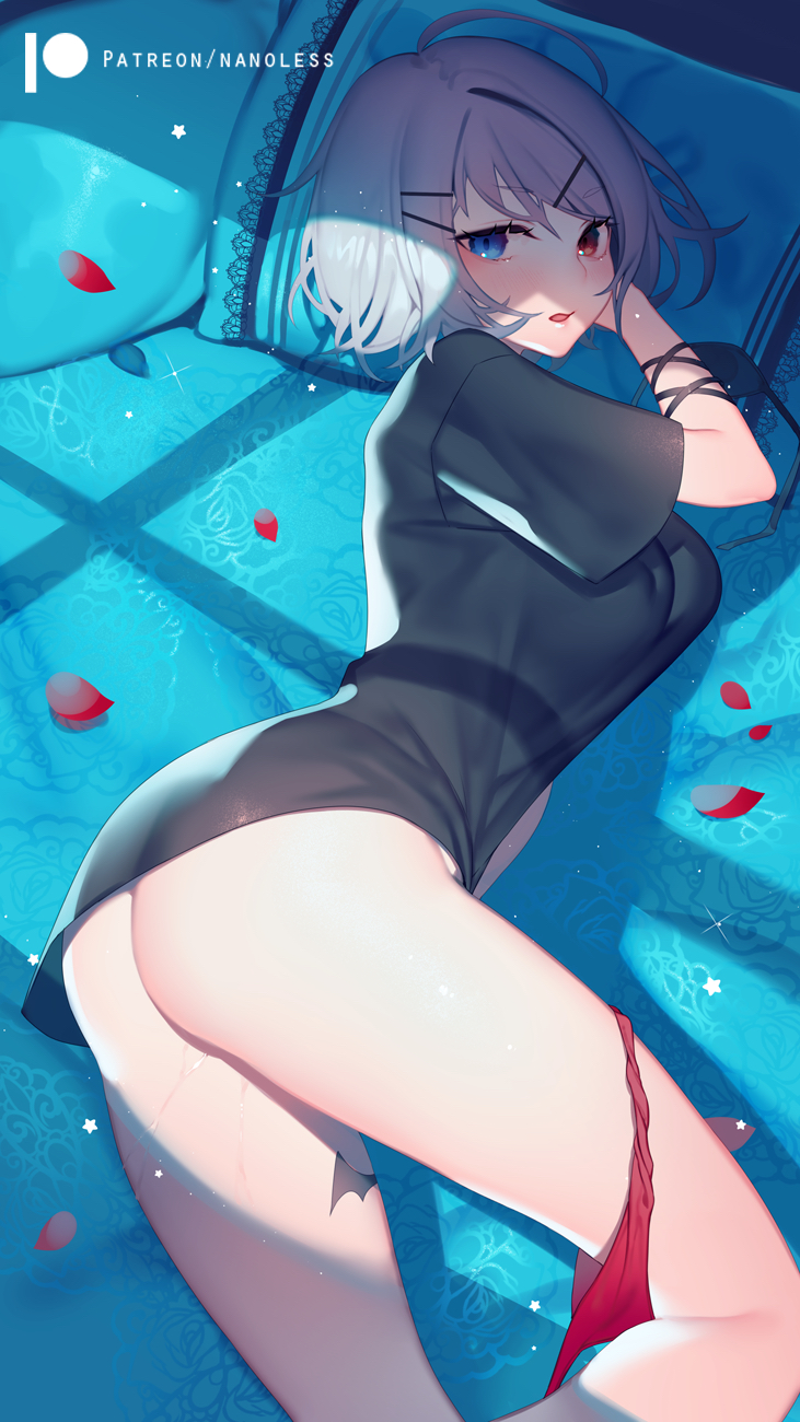 1girl ass black_shirt blue_eyes breasts commentary english_commentary grey_hair hair_ornament hairclip heterochromia highres iri_flina legs looking_at_viewer lying medium_breasts nanoless open_mouth panties panties_around_one_leg patreon_username petals pillow red_eyes red_panties shirt short_hair short_sleeves solo sword_girls thighs underwear