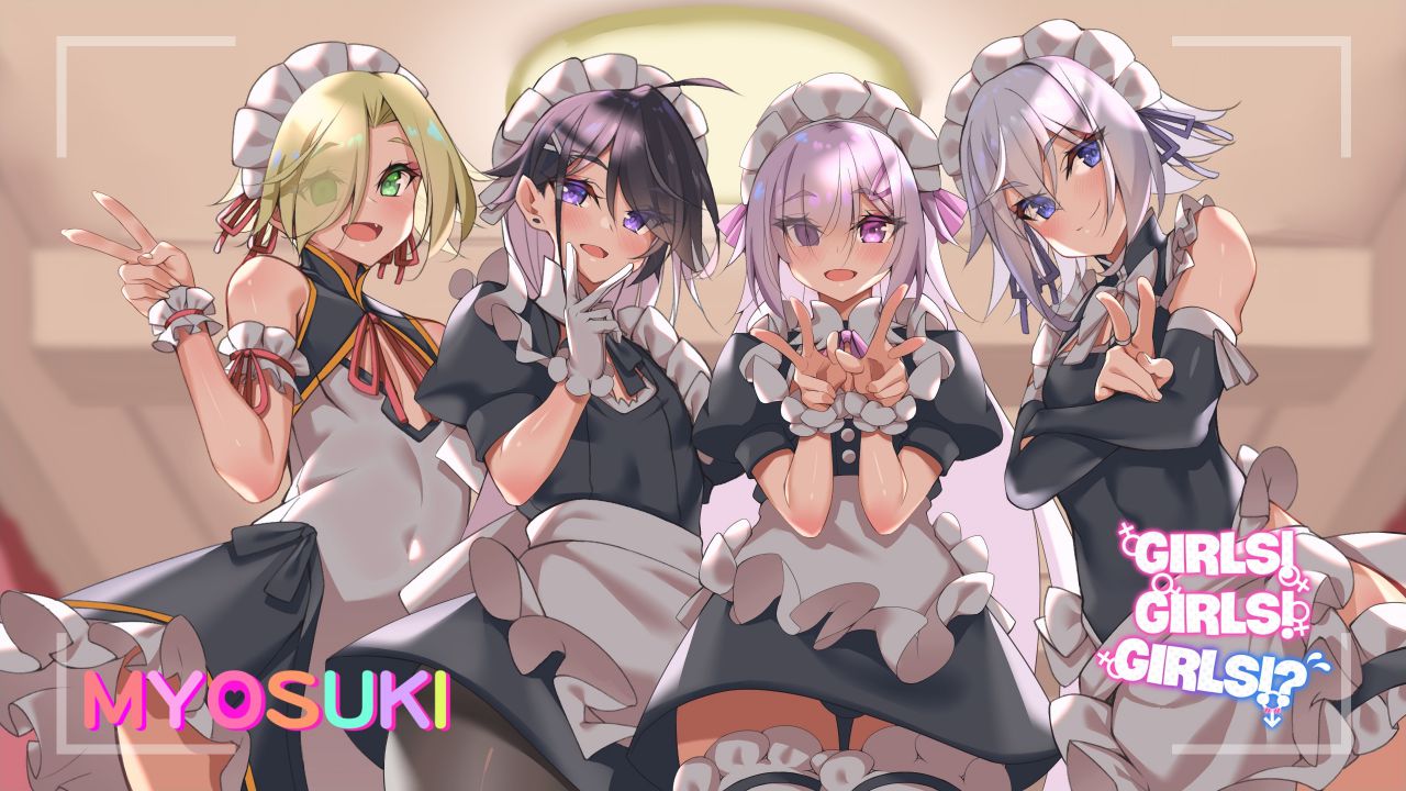 4boys ahoge ayase_yuzu bare_shoulders black_hair blonde_hair blue_eyes copyright_name covered_navel detached_sleeves english_commentary eyebrows_visible_through_hair eyes_visible_through_hair girls!_girls!_girls!? gloves green_eyes hair_between_eyes hayasaka_kaede kaduki_sena looking_at_viewer maid maid_headdress male_focus multiple_boys nanase_nagisa official_art open_mouth otoko_no_ko panties pantyhose purple_eyes short_sleeves smile tongue underwear v white_hair wrist_cuffs