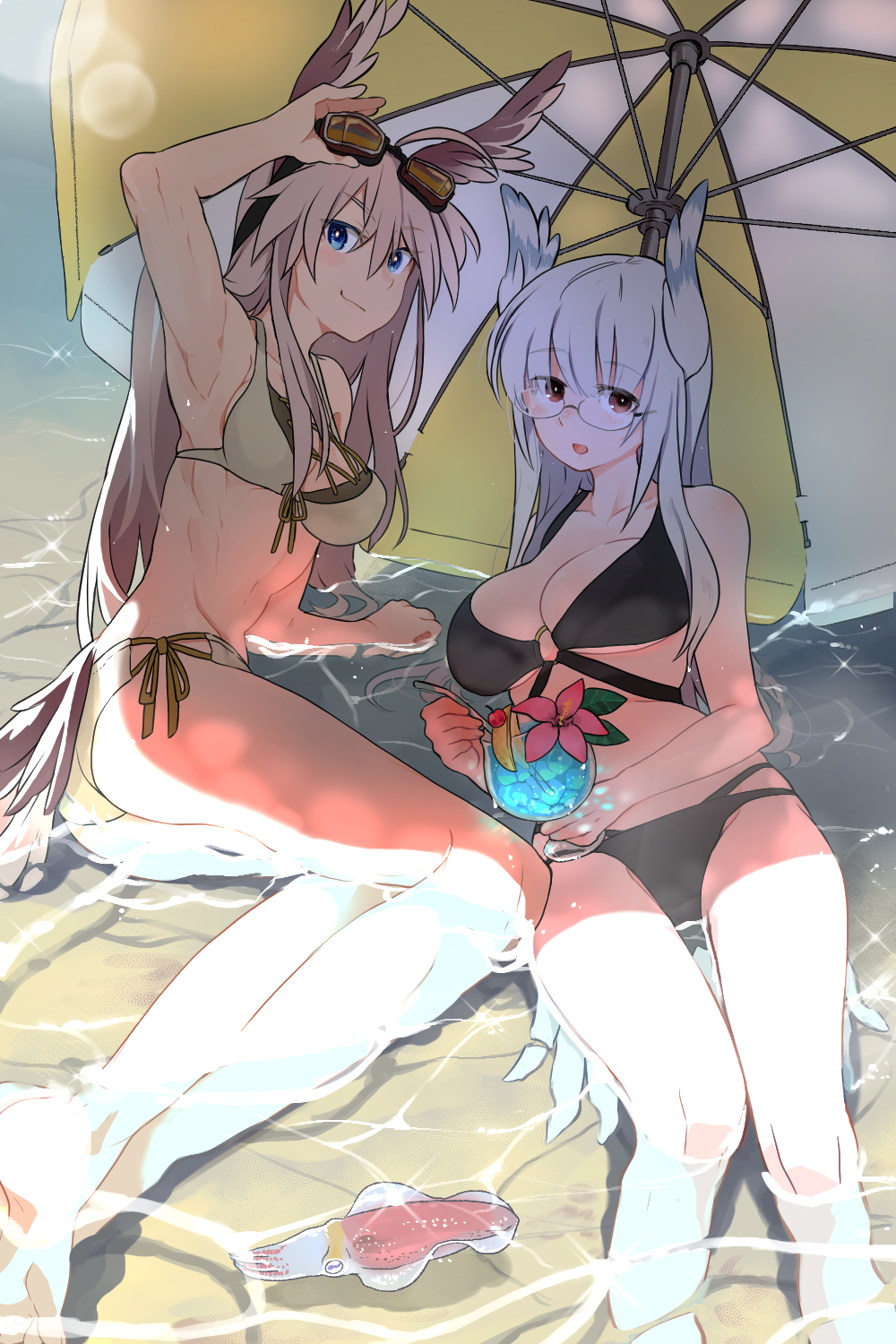 2girls ahoge armpits beach_umbrella bikini bird_tail black_bikini blush breasts brown_hair cuttlefish food fruit glasses goggles goggles_on_head grey_hair groin hanna-justina_marseille head_wings heidimarie_w._schnaufer highres ika_(hinatu1992) large_breasts lemon lemon_slice lens_flare long_hair looking_at_viewer lying medium_breasts multiple_girls navel on_side partially_submerged red_eyes side-tie_bikini smile strike_witches swimsuit tan_background tropical_drink umbrella very_long_hair world_witches_series