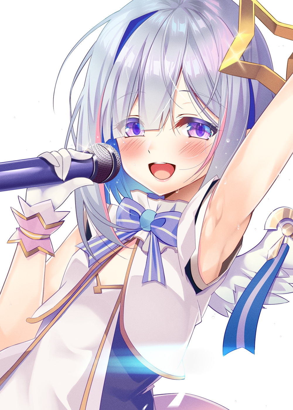 1girl :d amane_kanata angel angel_wings arm_up armpits asymmetrical_hair backlighting blue_hair blue_neckwear blush bob_cut bow bowtie colored_inner_hair feathered_wings gloves hair_over_one_eye half-closed_eyes halo highres holding holding_microphone hololive hololive_idol_uniform idol looking_at_viewer microphone mini_wings mizuno_kurage multicolored_hair official_alternate_costume open_mouth pink_hair purple_eyes short_hair silver_hair simple_background single_hair_intake sleeveless smile solo star_halo streaked_hair sweat upper_body upper_teeth vest virtual_youtuber white_background white_gloves white_vest white_wings wing_ribbon wings wrist_cuffs