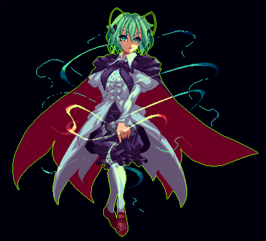 1girl antennae bangs black_background black_cape black_pants brown_footwear cape center_frills contrapposto dress frills full_body green_eyes green_hair juliet_sleeves long_sleeves looking_at_viewer mmmmatimmmmati open_mouth pants puffy_sleeves short_hair simple_background solo standing touhou white_dress white_legwear wriggle_nightbug