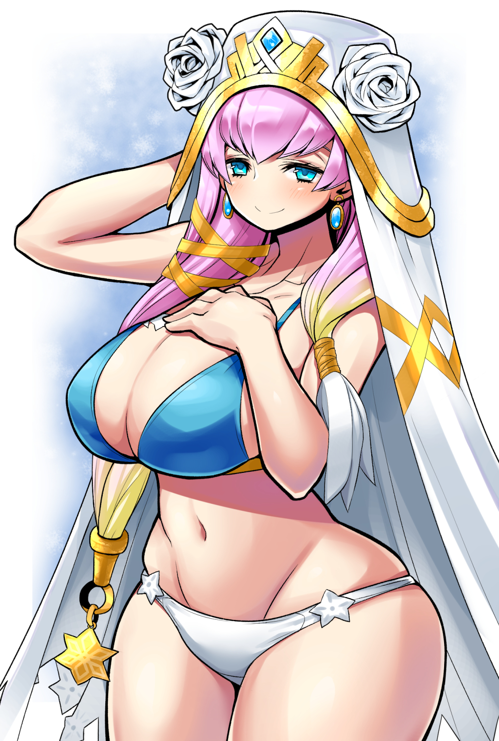 1girl alternate_costume bangs bikini blonde_hair blue_eyes blush breasts closed_mouth curvy fire_emblem fire_emblem_heroes gunnthra_(fire_emblem) hair_ornament hand_on_own_chest hat highres kara_age large_breasts long_hair looking_at_viewer midriff multicolored_hair navel pink_hair smile solo swimsuit thighs two-tone_hair upper_body wide_hips