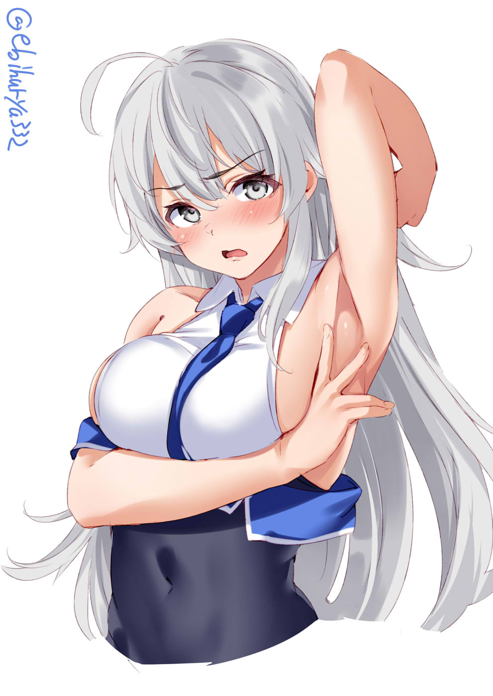 1girl ahoge arm_under_breasts arm_up armpit_crease armpits bare_shoulders blue_neckwear blush breast_hold breasts cleavage collared_shirt cowboy_shot ebifurya grey_eyes highres kantai_collection large_breasts long_hair looking_at_viewer necktie open_mouth presenting_armpit shirt sideboob silver_eyes silver_hair sleeveless sleeveless_shirt solo twitter_username washington_(kancolle) white_background white_shirt