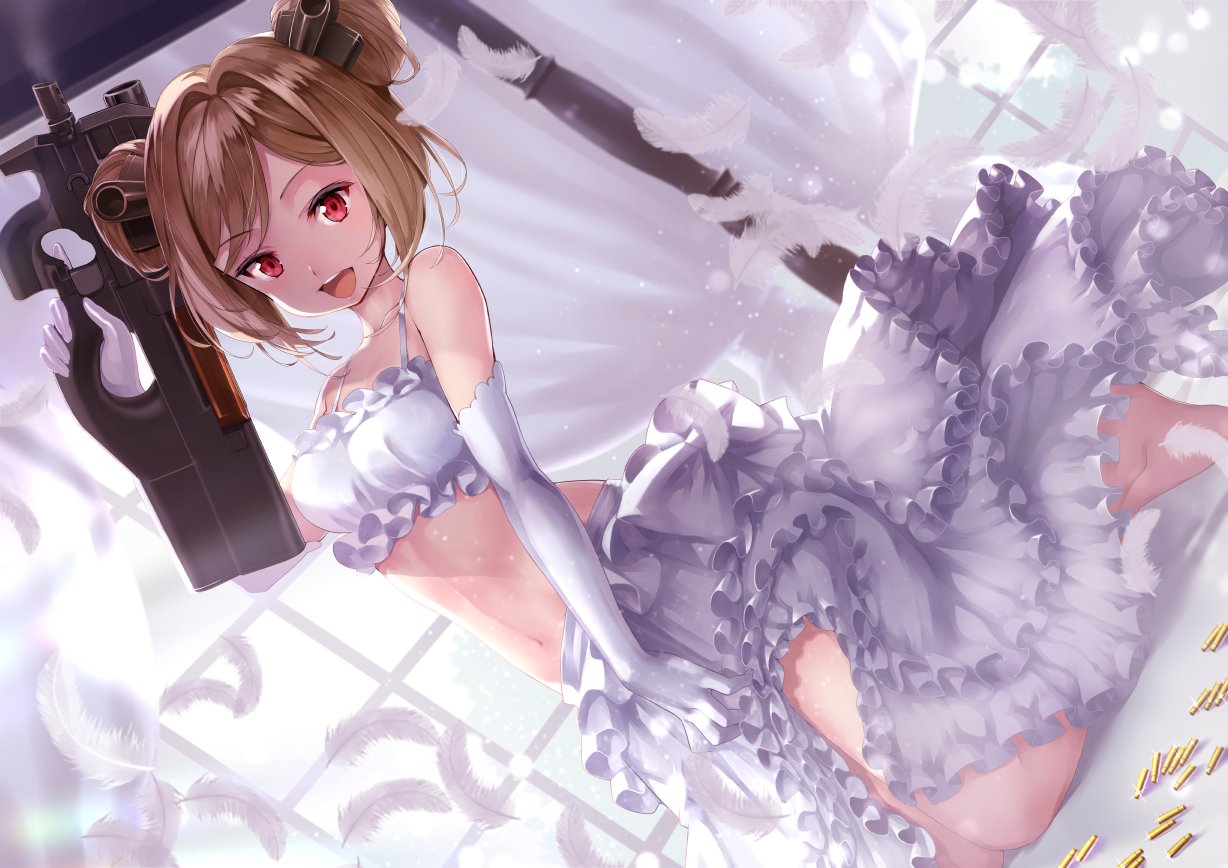 1girl :d alternate_costume arm_up bangs bare_shoulders breasts brown_hair bullet bullpup collarbone commentary_request curtains double_bun dutch_angle elbow_gloves eyebrows_visible_through_hair feathers frilled_skirt frills girls_frontline gloves gun holding holding_gun holding_weapon layered_skirt looking_at_viewer medium_breasts navel object_namesake open_mouth p90 p90_(girls_frontline) red_eyes rin2008 short_hair sidelocks skirt smile solo submachine_gun swept_bangs upper_teeth weapon white_feathers white_gloves white_skirt window