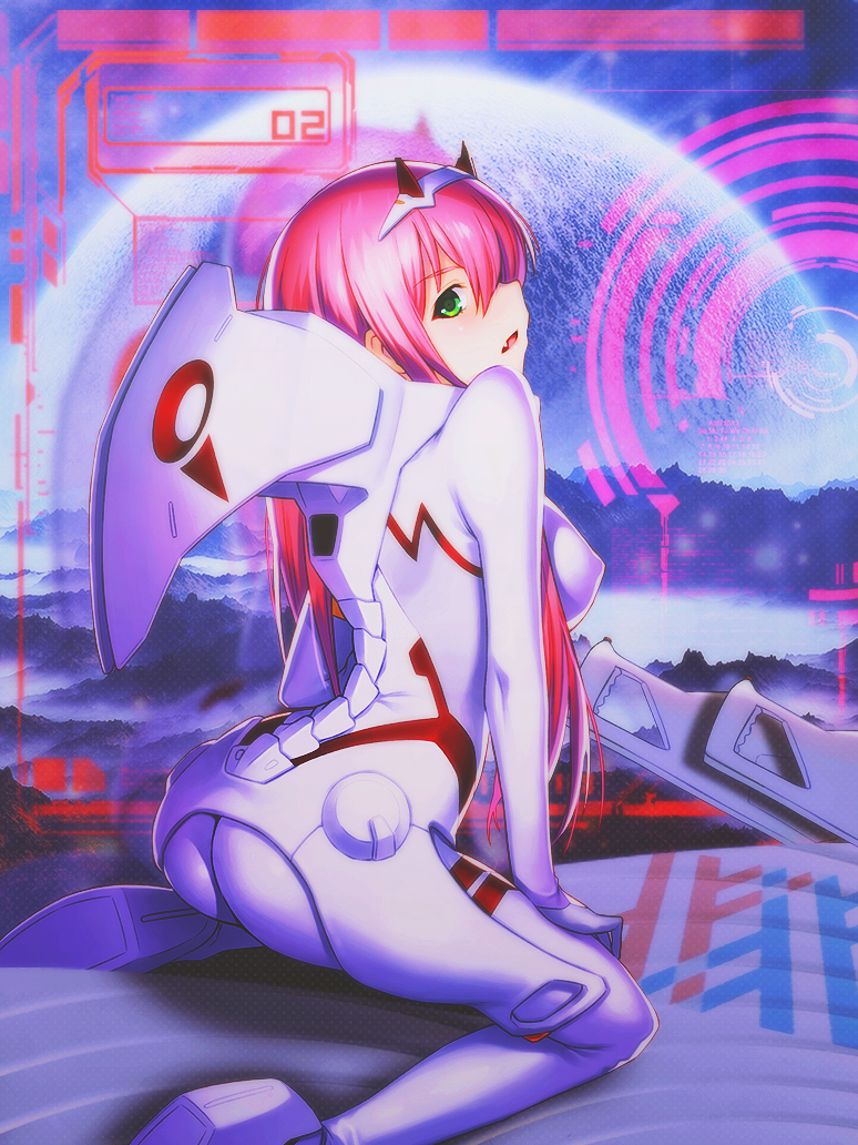 1girl ass bangs bodysuit breasts cockpit commentary darling_in_the_franxx dinocozero english_commentary green_eyes hairband holographic_interface horns long_hair looking_at_viewer medium_breasts mountain oni_horns pilot_suit pink_hair planet red_horns red_stripes sitting skin_tight solo white_bodysuit white_hairband zero_two_(darling_in_the_franxx)