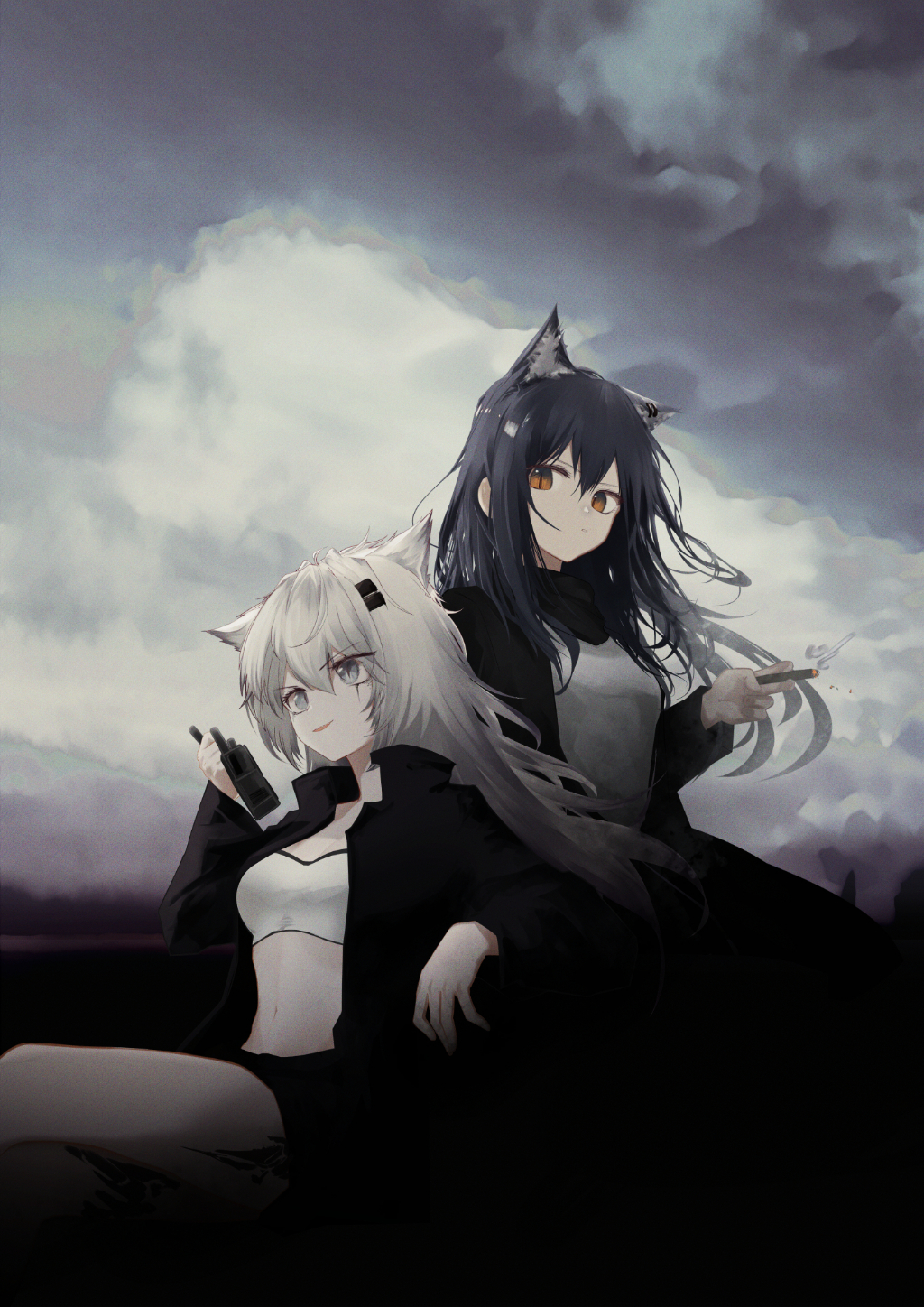 2girls animal_ear_fluff animal_ears arknights bangs black_coat black_hair black_jacket black_shorts blush cigarette cloud coat commentary_request eyebrows_visible_through_hair hair_between_eyes hair_ornament hairclip highres holding holding_cigarette jacket korean_commentary lappland_(arknights) long_hair long_sleeves multiple_girls open_clothes open_coat open_jacket open_mouth outdoors parted_lips runamonet scar scar_across_eye shirt shorts silver_hair smile tail texas_(arknights) white_shirt white_tubetop wolf_ears