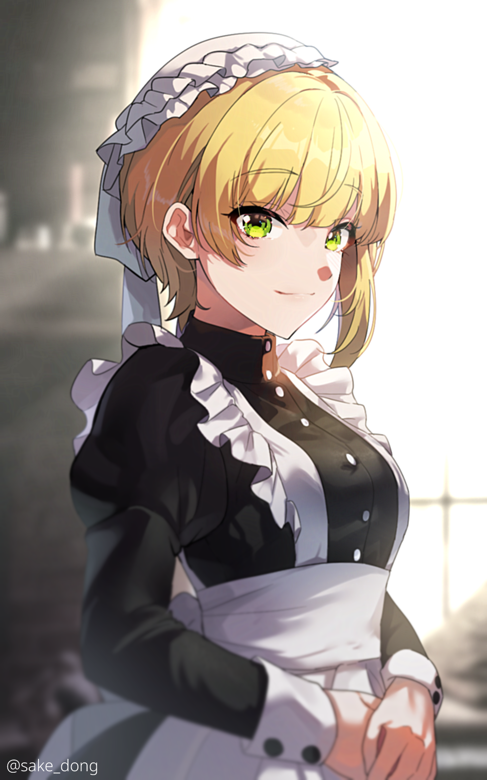 1girl alternate_costume apron bangs banned_artist black_shirt blonde_hair blurry blurry_background closed_mouth dress_shirt enmaided eyebrows_visible_through_hair green_eyes highres idolmaster idolmaster_cinderella_girls idolmaster_cinderella_girls_starlight_stage long_sleeves maid miyamoto_frederica sake_dong shiny shiny_hair shirt short_hair smile solo twitter_username white_apron white_headwear