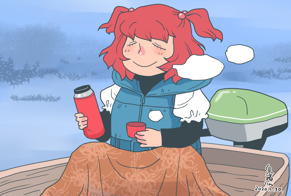 1girl adapted_costume artist_name blanket blue_background boat breath closed_eyes contemporary dated floral_print hair_bobbles hair_ornament holding holding_thermos life_vest onikobe_rin onozuka_komachi red_hair shirt short_hair sitting smile solo thermos touhou two_side_up watercraft white_shirt