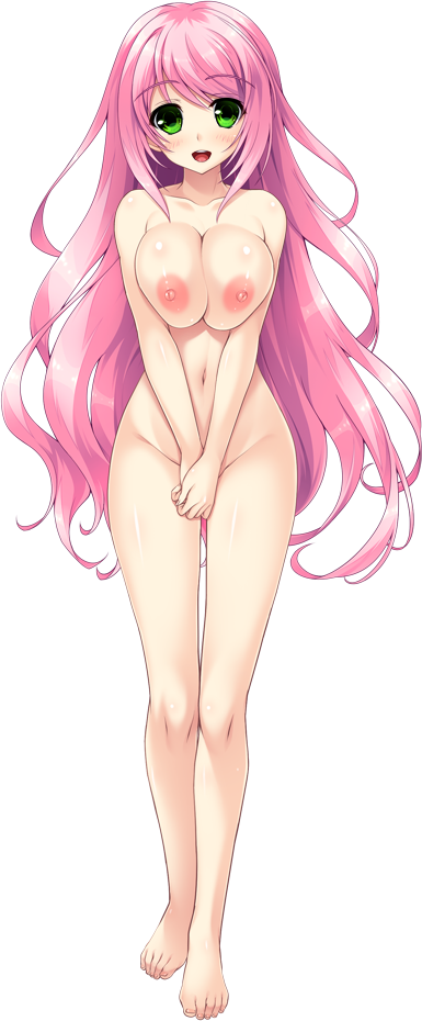 1girl bangs barefoot blush breasts copyright_request covering covering_crotch eyebrows_visible_through_hair facing_viewer full_body green_eyes hands_together large_breasts long_hair looking_at_viewer navel nipples open_mouth photoshop_(medium) pink_hair raised_eyebrows shintarou solo standing tachi-e transparent_background v_arms