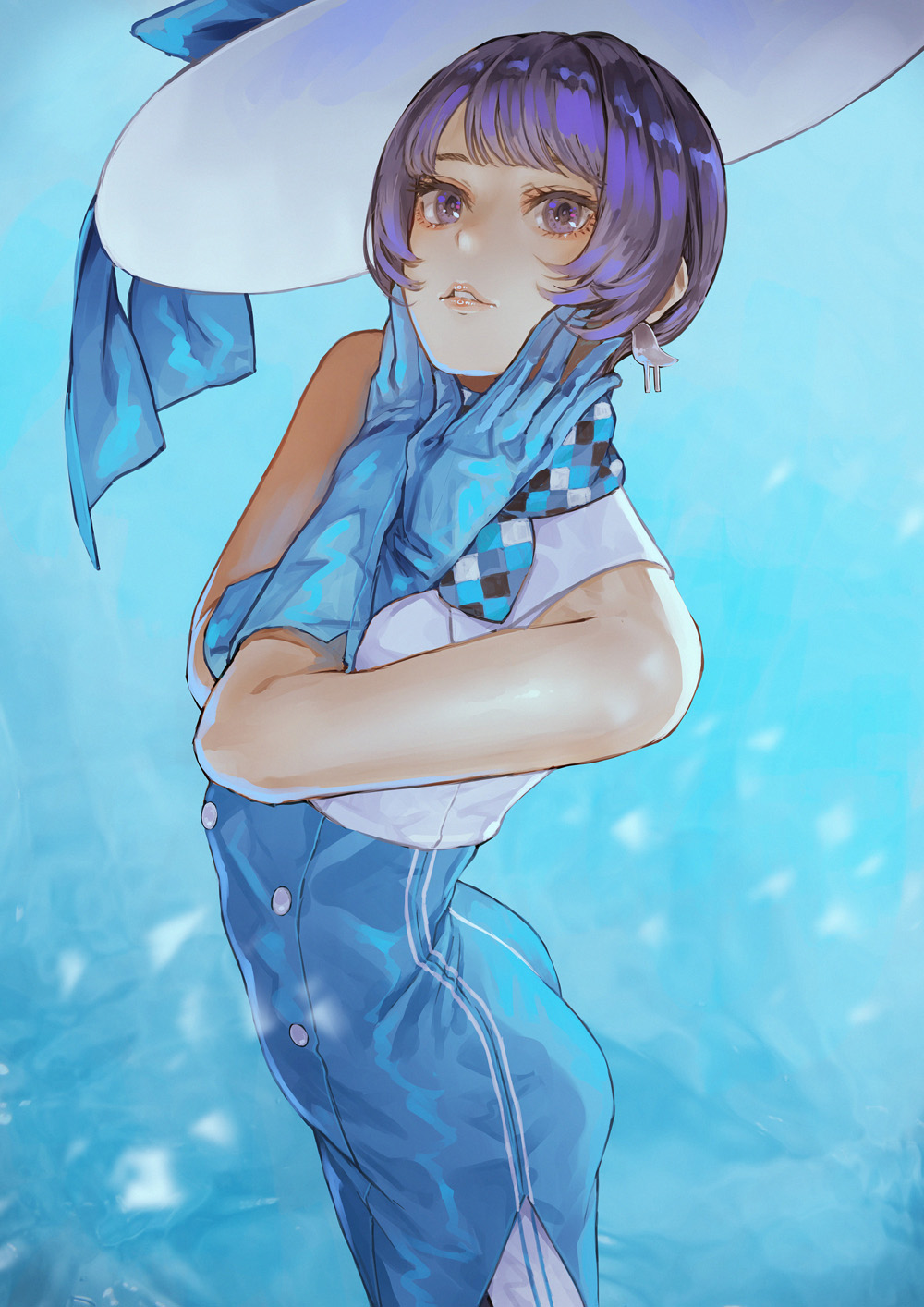 1girl ass bare_shoulders blue_gloves bob_cut dress earrings gloves hat highres jewelry kaoming looking_at_viewer parted_lips purple_eyes purple_hair short_hair sleeveless solo sun_hat suntory suntory_nomu virtual_youtuber