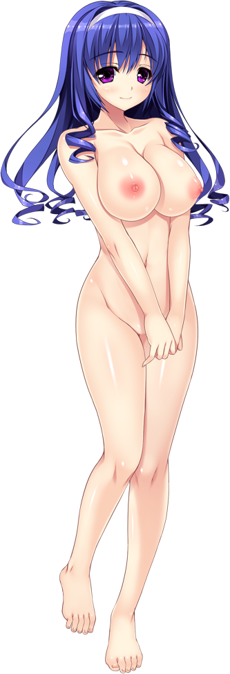 1girl barefoot blonde_hair blue_hair blush breasts completely_nude copyright_request eyebrows_visible_through_hair full_body hairband hands_together large_breasts legs long_hair navel nipples no_pussy nude photoshop_(medium) purple_eyes shintarou smile solo tachi-e transparent_background v_arms