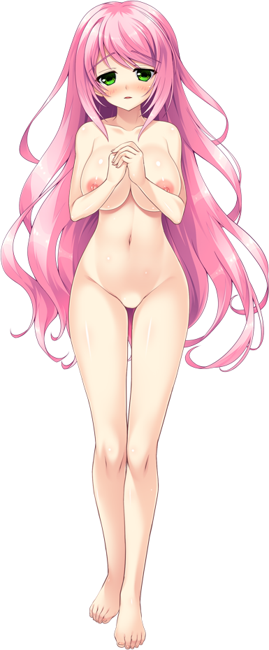 1girl bangs barefoot blush breasts copyright_request eyebrows_visible_through_hair facing_viewer full_body green_eyes hands_together large_breasts long_hair looking_at_viewer navel nipples no_pussy open_mouth photoshop_(medium) pink_hair raised_eyebrows shintarou solo standing tachi-e transparent_background very_long_hair