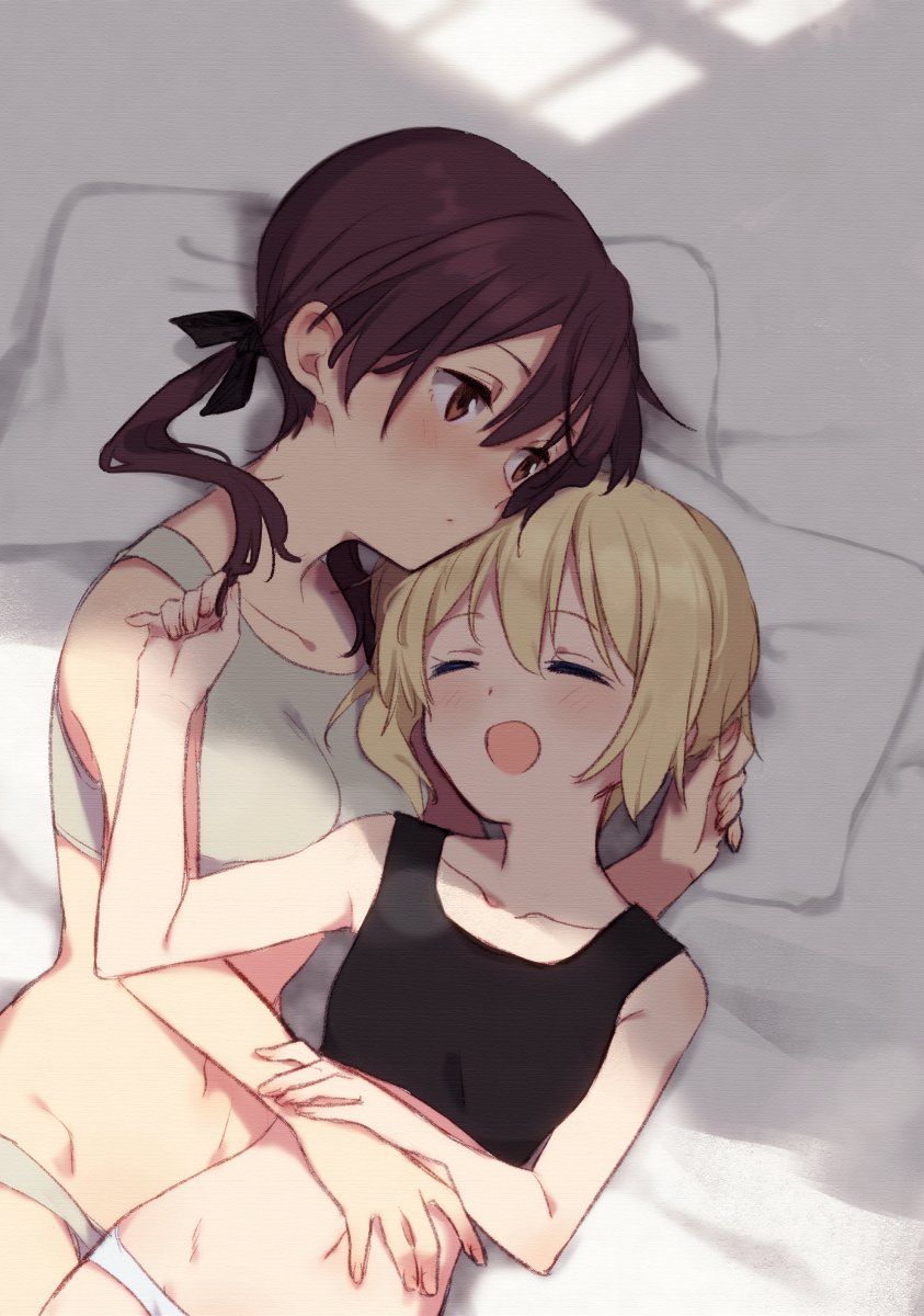 2girls bed blonde_hair blush breasts brown_eyes brown_hair closed_eyes commentary_request cowboy_shot erica_hartmann from_above gertrud_barkhorn happy highres hug kodamari long_hair multiple_girls open_mouth panties pillow short_hair sleeping smile sports_bra strike_witches sunlight twintails underwear white_panties world_witches_series yuri