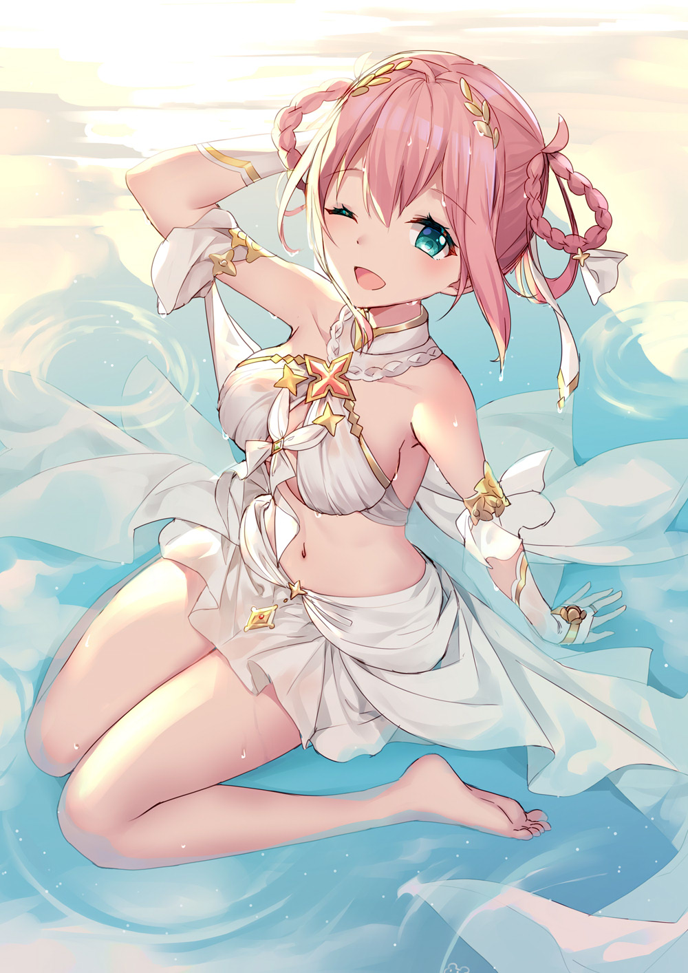 1girl ;d aqua_eyes arms_behind_back bangs bare_legs barefoot bison_cangshu breasts bridal_gauntlets chinese_commentary commentary_request eyebrows_visible_through_hair from_above full_body hair_rings highres large_breasts legs looking_at_another navel one_eye_closed open_mouth pink_hair princess_connect! revealing_clothes short_hair sitting skirt smile solo stomach white_skirt yui_(princess_connect!)