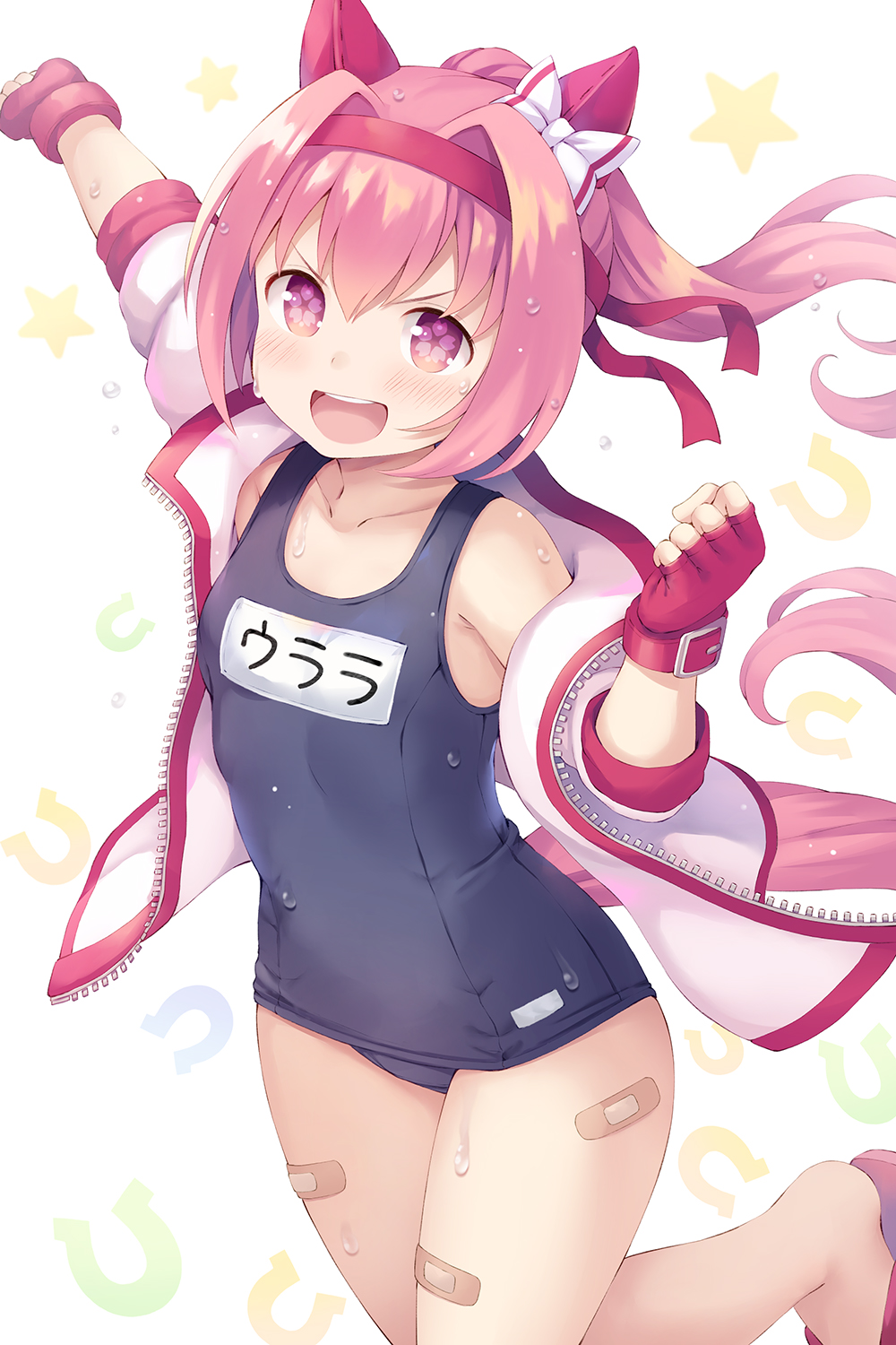 1girl animal_ears bandaid bandaid_on_leg blue_swimsuit cowboy_shot ear_covers fingerless_gloves flat_chest flower_in_eye gloves haru_urara_(umamusume) headband highres horse_ears horse_girl horse_tail jacket namaru_(summer_dandy) open_mouth pink_eyes pink_hair red_gloves red_headband round_teeth school_swimsuit smile solo starry_background swimsuit symbol_in_eye tail teeth umamusume upper_teeth white_background white_jacket