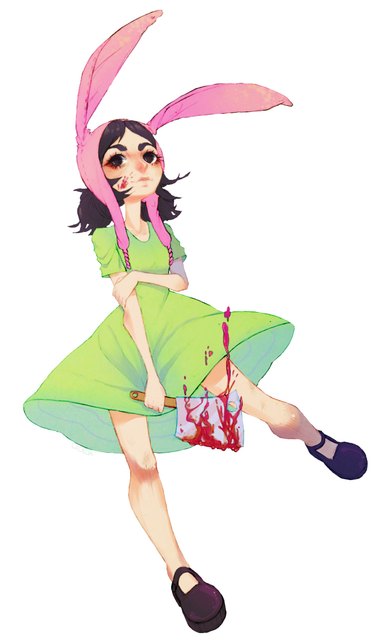 1girl absurdres animal_ears animal_hat animal_hood bangs black_eyes black_footwear black_hair blood blood_on_face blood_splatter bloody_knife bloody_weapon blush bob's_burgers bunny_ears bunny_hat bunny_hood butcher_knife child dress eyelashes green_dress hand_on_own_arm hat highres holding holding_weapon hood knee_blush knife louise_belcher no_socks nose_blush oversized_clothes oversized_shirt parted_bangs phrutt pink_headwear shirt short_twintails simple_background spread_legs t-shirt_dress thick_eyebrows transparent twintails weapon white_background