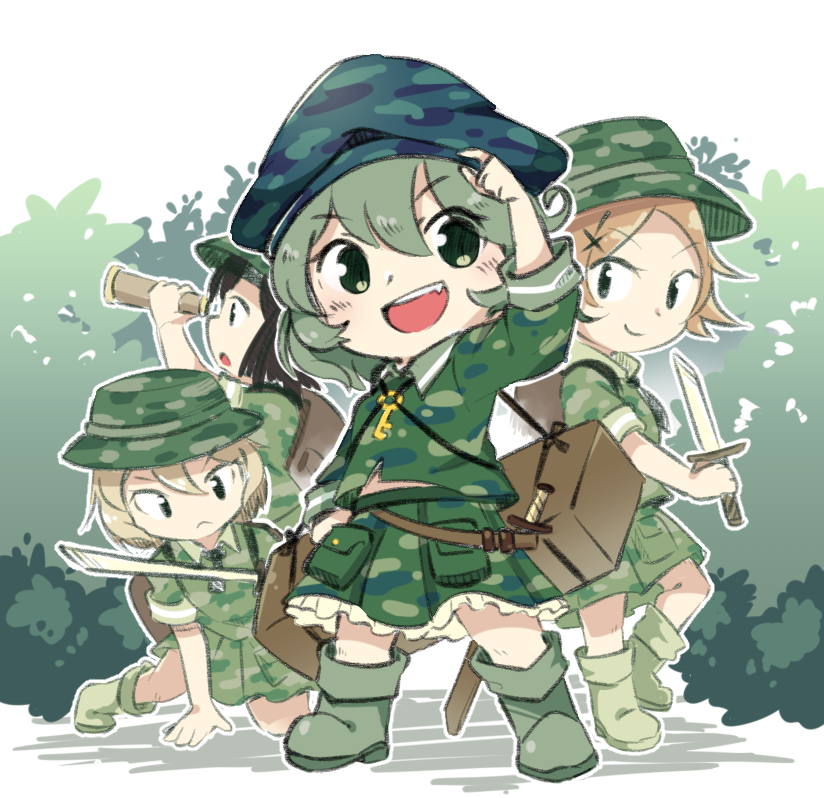 4girls :&lt; black_hair blonde_hair boots bucket_hat bush camouflage camouflage_headwear camouflage_shirt camouflage_skirt chibi full_body green_eyes green_footwear green_hair green_headwear green_shirt green_skirt hand_up hat holding kappa_mob key knife looking_at_viewer multiple_girls open_mouth outdoors ruichi_fox shirt short_hair short_sleeves skirt smile sword telescope touhou weapon white_background yamashiro_takane