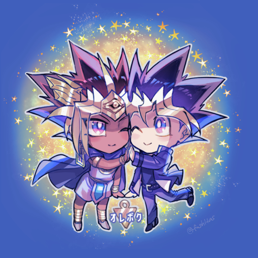 2boys ;) atem bracelet bright_pupils chibi closed_mouth commentary_request dark-skinned_male dark_skin eye_contact fushitasu grey_footwear holding_hand jewelry looking_at_another male_focus millennium_puzzle multiple_boys mutou_yuugi one_eye_closed shoes smile spiked_hair star_(symbol) white_pupils yu-gi-oh! yu-gi-oh!_duel_monsters