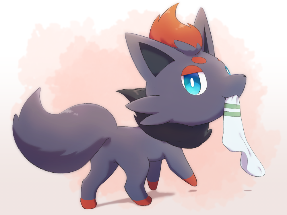 blue_eyes bright_pupils commentary_request creature full_body gen_5_pokemon kemonobito looking_back mouth_hold no_humans pokemon pokemon_(creature) single_sock socks solo white_pupils zorua